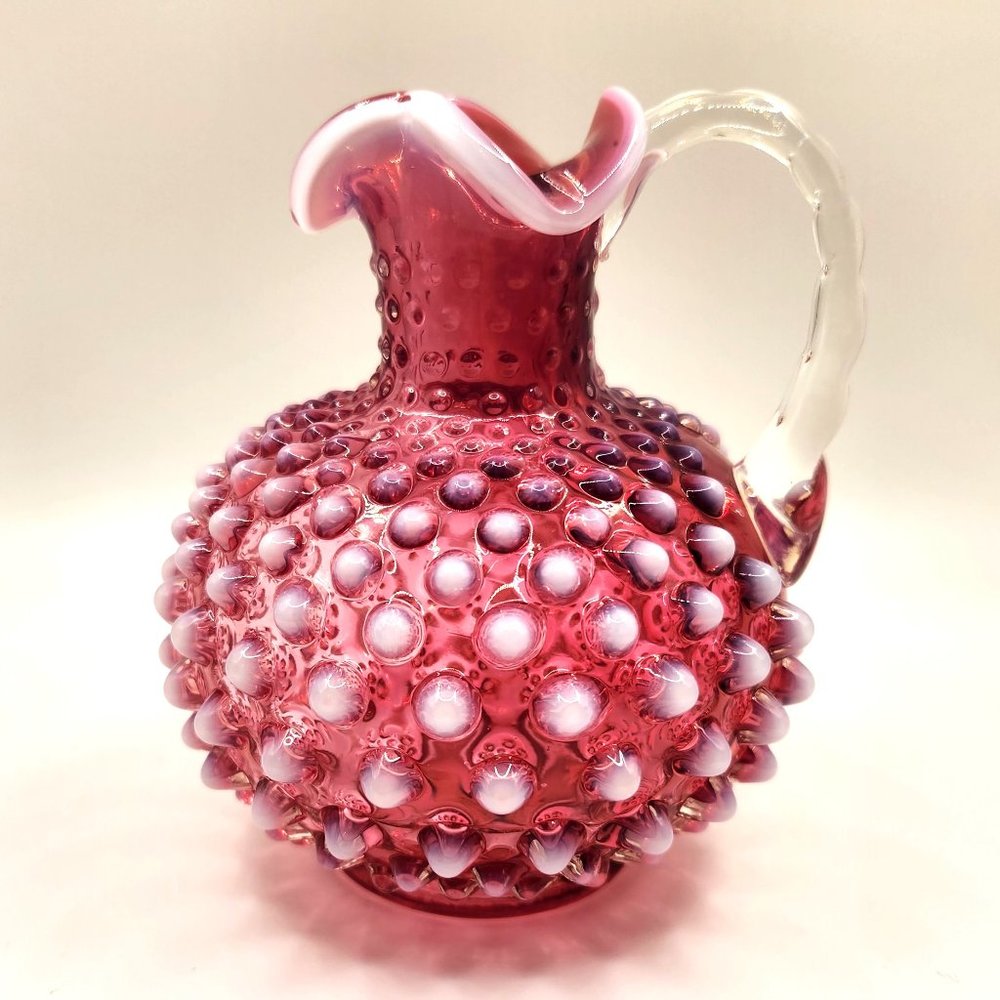 Vintage Fenton Art Glass Cranberry and White Opalescent Hobnail Cruet No Stopper